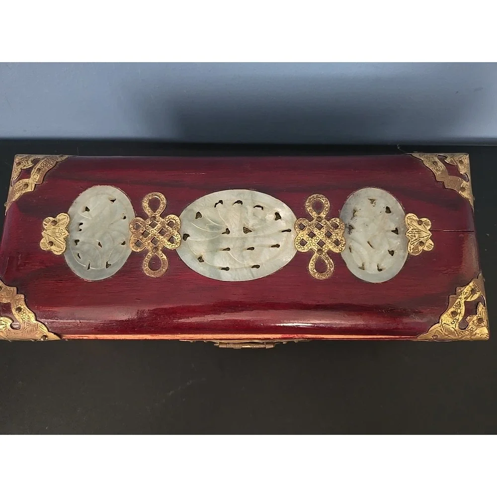 Vtg Chinese Wooden Jewelry Box w Ornate Brass & White Jade Silk Lined Redwood